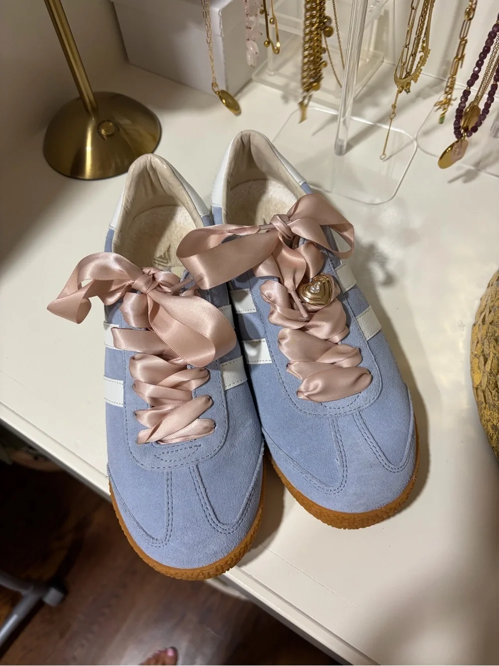 Gola Pale Blue Suede Sneakers with Blush Pink Satin Laces
